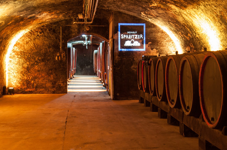 Der Weinkeller des Weingutes Spreitzer, in dem die Eichenholzfässer mit den guten Weinen lagern