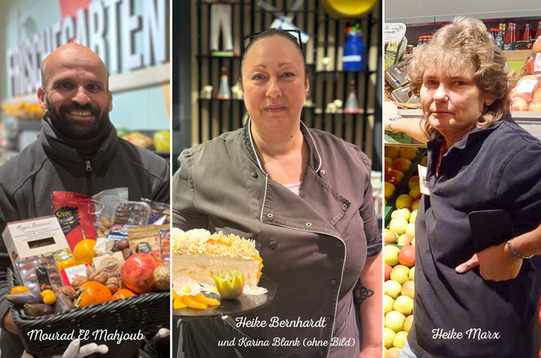 Drei von vier treuen Mitarbeitern, die 15 Jahre bei EDEKA Georg sind - Heike Marx, Mourad El Mahjoub, Heike Bernhardt und Karina Blank