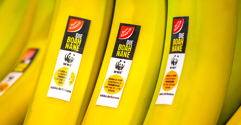 Die EDEKA Boahnane mit Nahaufnahme des Etiketts mit GUT&GÜNSTIG sowie WWF-Logo