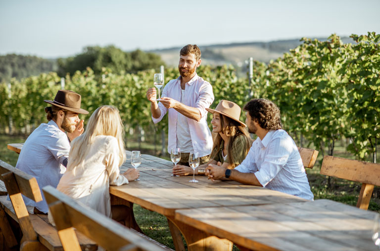 Menschen auf Weingut, Tasting